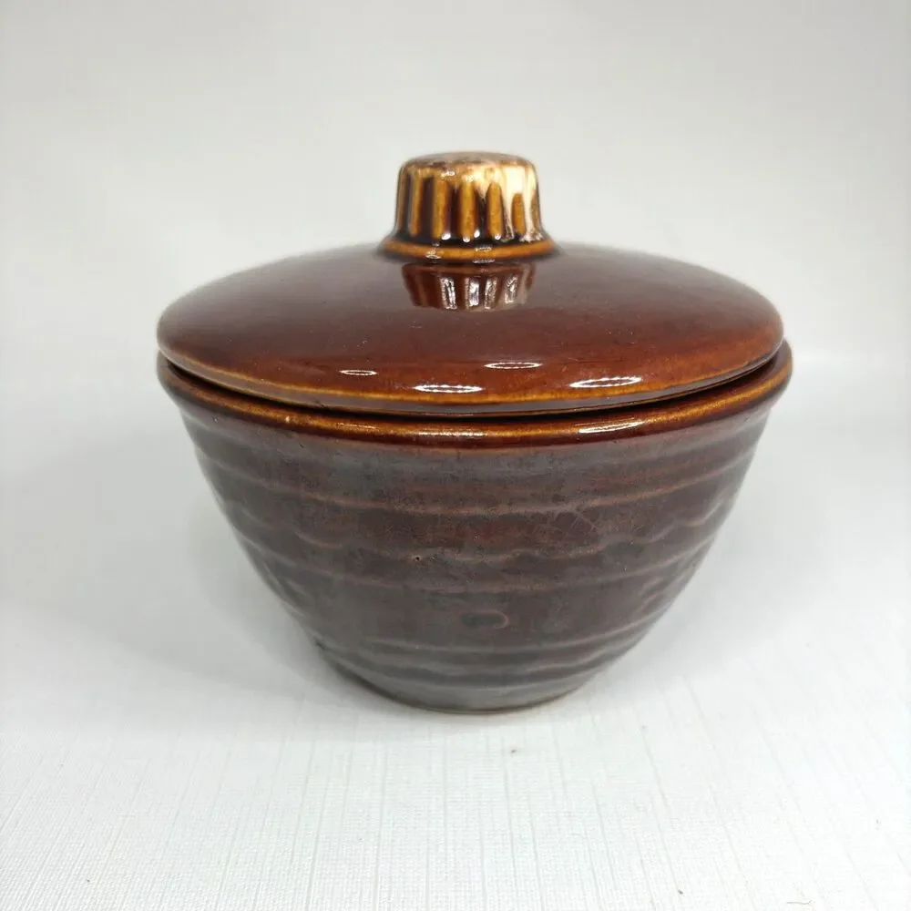 Marcrest Daisy Dot 1950s Brown Glaze Covered Bowl Stoneware Made USA Vintage